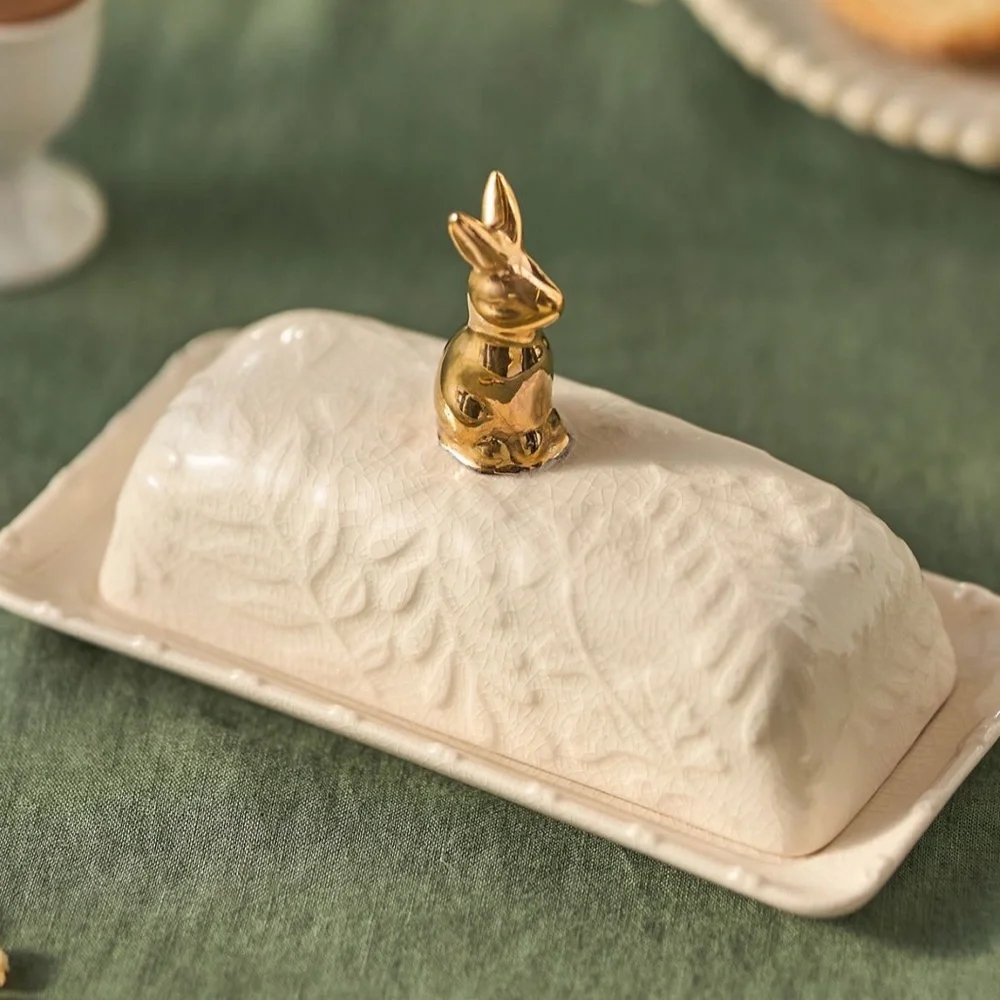 Anthropologie NWT Bunny Butter Dish w/ Gold Bunny Accent Ceramic Easter Spring - Picture 1 of 7